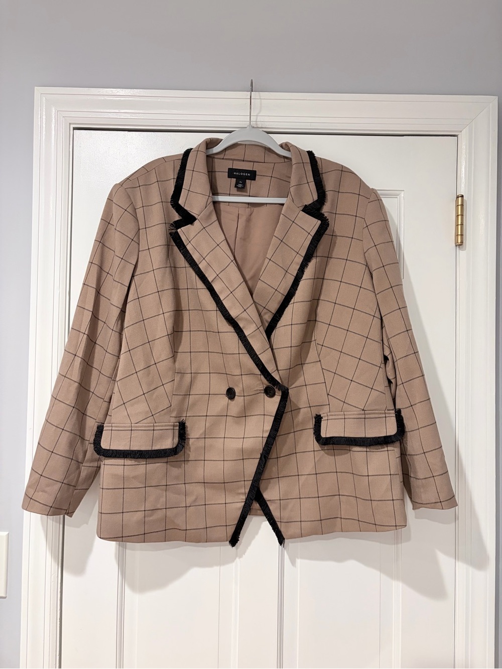 Halogen Beige Windowpane Blazer with Black Trim